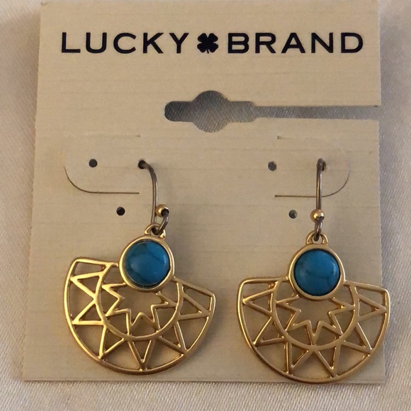 Lucky Brand Gold Tone Sun Ray Drop Earrings Turquoise Accent NWT - Picture 6 of 11